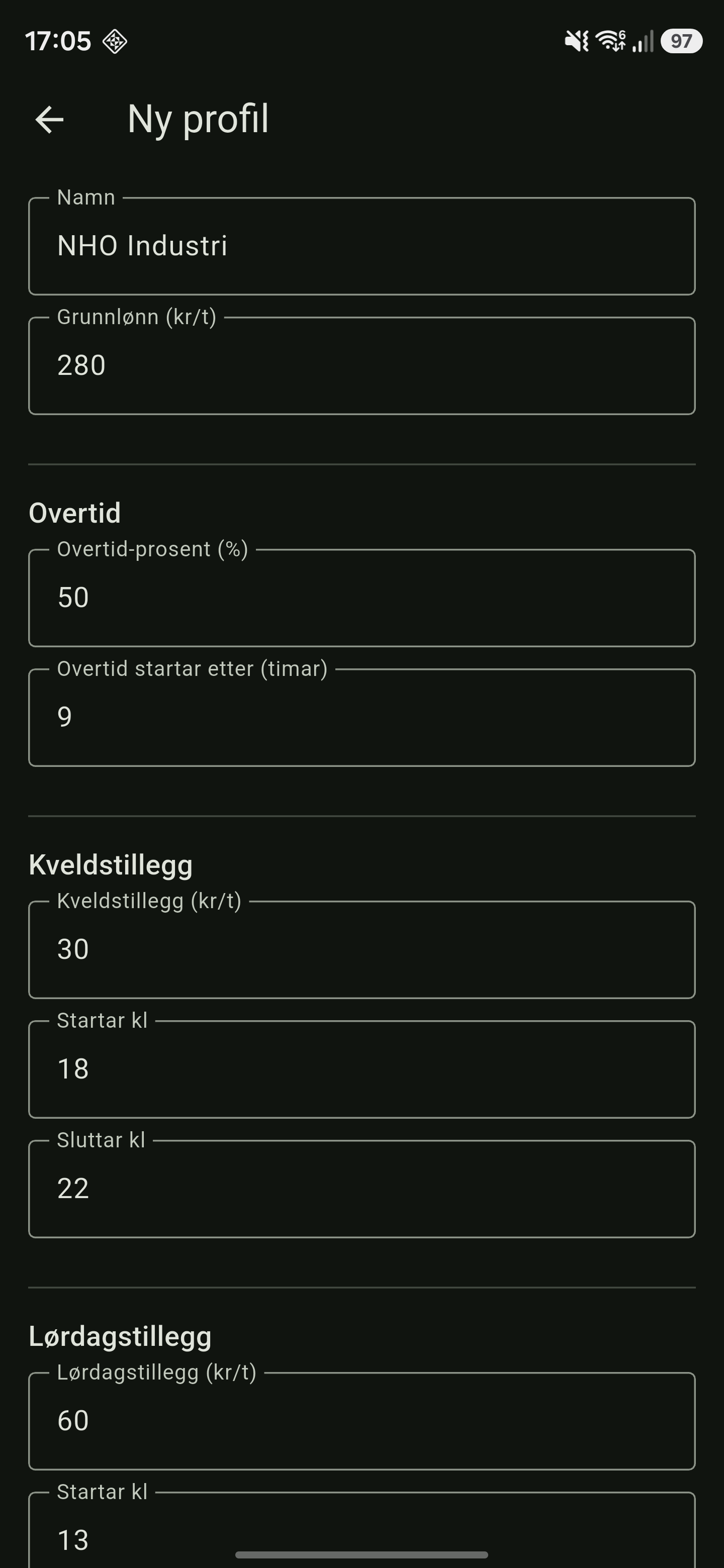 Profil-redigering med tariff-satsar