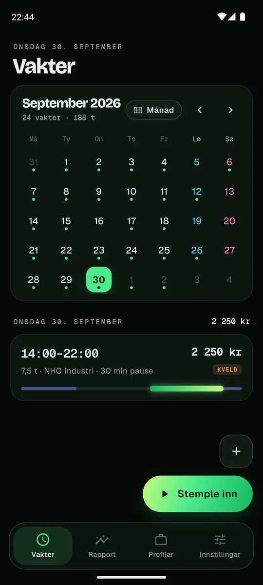 Vakter: kalender med vakter og liste over dagens vakter