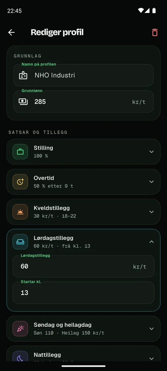 Profil med satsar for tillegg og overtid